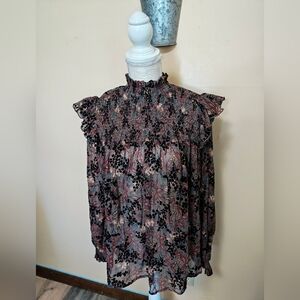 Knox Rose Black and Gray Ruffled Cap Sleeve Blouse